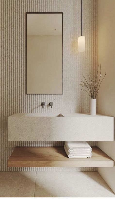 Spa Restroom Ideas, Beige Powder Room, Aspen Bathroom, Family Bathroom Ideas, Bad Beige, Drømme Bad, Interior Minimalista, Bathroom Design Inspiration, Downstairs Bathroom