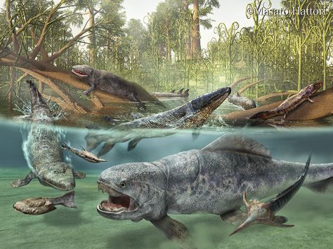 Devonian period--Prehistoric amphibians. The one looks very gatorish. By Masato Hattori Devonian Period, Prehistoric Wildlife, Dinosaur Illustration, Prehistoric World, Ancient Animals, Paleo Art, Extinct Animals, Reptiles Pet, Jurassic Park World