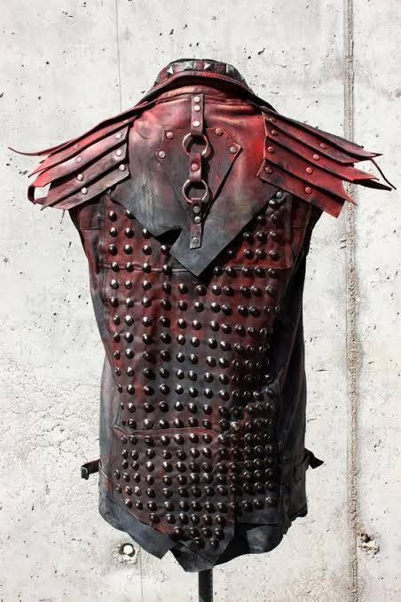 Red Leather Vest, Post Apocalyptic Clothing, Hand Painted Leather Jacket, Light Armor, Vest Handmade, Waist Bag Leather, Recycled Outfits, Apocalyptic Clothing, Concert Attire