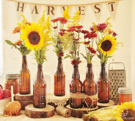 Beer Bottle Centerpieces, Root Beer Bottle, Octoberfest Party, Table Decorating Ideas, Fall Harvest Party, Fall Vignettes, Bottle Centerpieces, Table Decorating, Oktoberfest Party