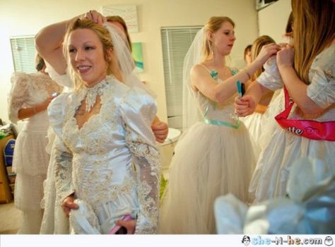 hahaa for the bachelotette party... Find a bunch of heinous wedding/bridesmaid dresses and go out on the town! Ugliest Wedding Dress Funny, Ugly Dress, Bachelorette Party Pins, Ugly Wedding Dress, Tacky Wedding, Hen Ideas, Ashley Walters, Ugly Dresses, Lovely Wedding Dress