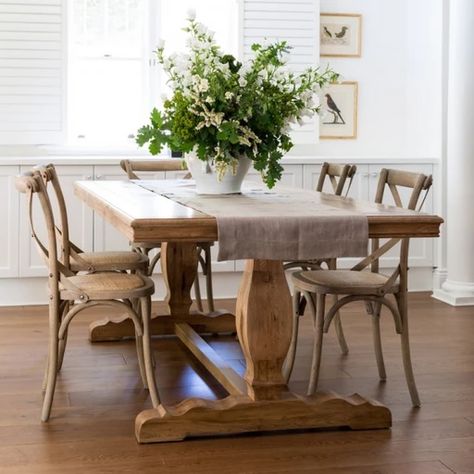 Hamptons Dining Table, Farmhouse Style Dining Table, French Farmhouse Dining Table, Hamptons Furniture, Cross Back Dining Chairs, Dining Room French, Dining Room Table Centerpieces, Farmhouse Centerpiece, Farmhouse Style Table