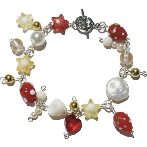 handmade “strawberry cheesecake” cluster bracelet.... - Depop Glass Strawberries, Strawberry Bracelet, Cluster Bracelet, Red Theme, Cluster Bracelets, Cream Yellow, Strawberry Cheesecake, Jewelry Inspo, Acrylic Beads