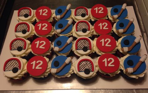 Hockey cupcakes Ice Hockey Cupcakes, Hockey Theme Desserts, Hockey Themed Cupcakes, Hockey Cupcakes Ideas, Hockey Cupcake Cake, Hockey Desserts, Hockey Treats, Hockey Fundraiser, Long Bob With Layers