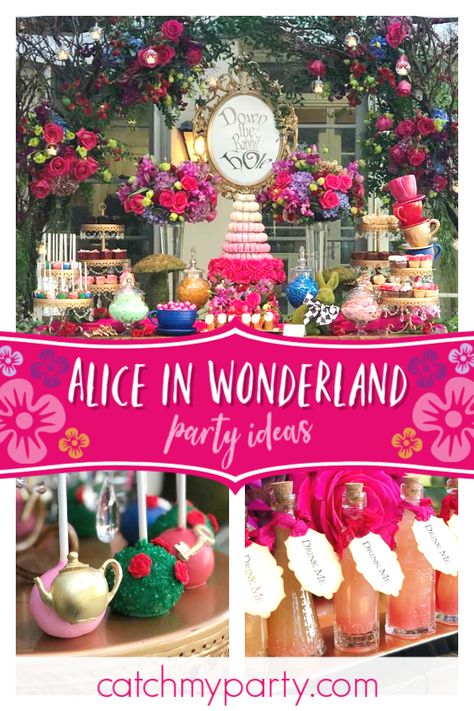 Be blown away by this amazing Alice in Wonderland birthday party! The dessert table is magical!! See more party ideas and share yours at CatchMyParty.com #catchmyparty #partyideas #aliceinwonderland #aliceinwonderlandparty #aliceinwonderlandtheme #girlbirthdayparty #floralparty Alice In Wonderland Cake Ideas Birthdays, Alice In Wonderland Sweet 16, Alice In Wonderland 1st Birthday, Alice In Wonderland Party Ideas, Wonderland Party Ideas, Wonderland Sweet 16, Alice In Wonderland Birthday Party, Wonderland Party Decorations, Alice In Wonderland Diy