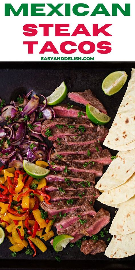 Make these marianted Mexican Steak Tacos with simple ingredients and have one of the most comforting meals ever. Flat Iron Steak Tacos, Mexican Steak Tacos, Steak Tacos Recipes, Tacos With Guacamole, Steak Taco Recipe, Fajita Veggies, Mexican Steak, Best Salsa Recipe, Flank Steak Tacos