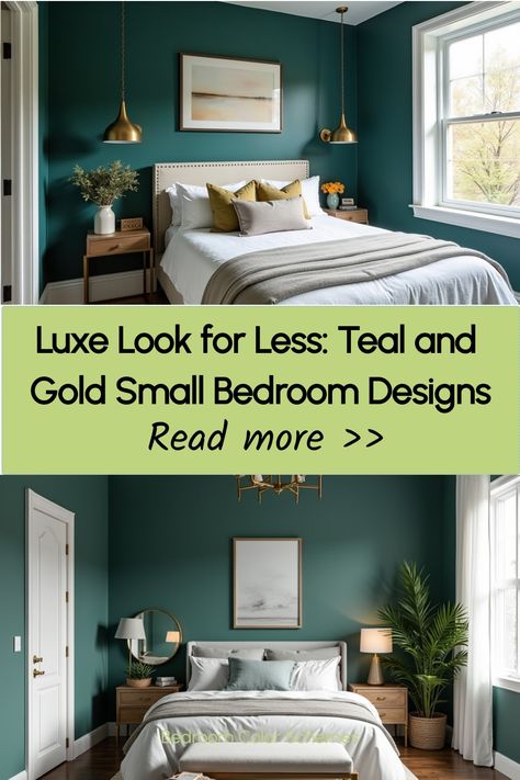 Compact bedroom featuring teal walls with gold metallic accents Teal And Gold Bedroom Decor, Teal Wall Bedroom, Teal And Gold Bedroom, Light Blue Throw Pillows, Gold Bedroom Decor, Modern Monochrome, Teal Walls, Gold Color Scheme, Small Bedroom Designs