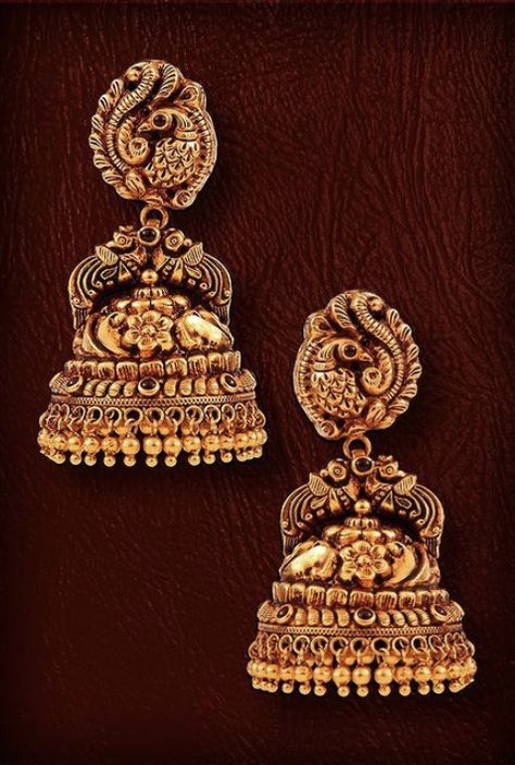 Temple Design Earrings Gold, Jimmiki Earrings Gold Antique, Antique Jumki Designs Gold, Gold Jumkas Design Latest Bridal, Antique Jumka Gold, 22k Gold Necklace Indian Jewelry, Jumkas Gold Indian Bridal, Jimmiki Earrings Gold, Gold Jumkas Antiques