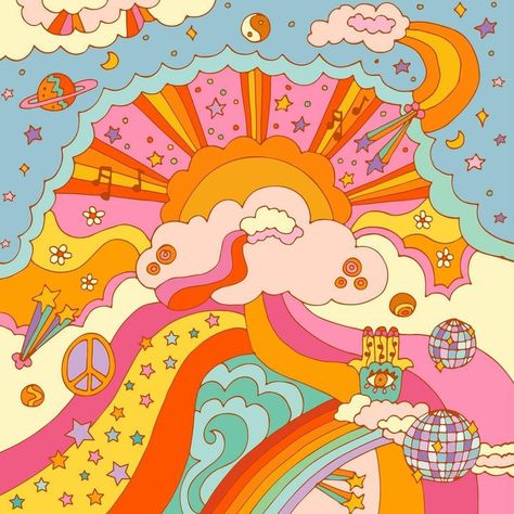 Pin by 𝗠𝗲𝗹𝗶𝗻𝗮 🌙 on random | Hippie painting, Hippie wallpaper, Psychedelic art Hippie Painting, Collage Wall, Art Collage Wall, Retro Art, Art Collage, Collage, Wall, Art