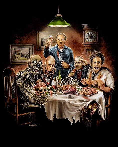 Drawn to Horror on Instagram: “"Cannibal Thanksgiving" by Justin Osbourn, 2014. --------------------------- Some great details hidden in this one. The photos in the…” Horror Thanksgiving, Thanksgiving Movie, Horror Wallpaper, Happy Thanksgiving Everyone, Christmas Horror, Thanksgiving Wallpaper, Halloween Horror Movies, Thanksgiving Day Parade, Horror Movie Art