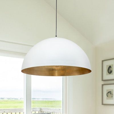 This industrial and bold 1-light metal dome pendant is a marvel perfect for modern or industrial rooms. The single dome light is spun from iron for a smooth & durable surface. It features a dome-shaped that takes light and spreads it evenly through the wide opening below to create a filling-down glow. And the interior of the dome is finished in complementary metallic shades that shine when lit. This metal dome hanging light is a great option for kitchen island lighting or lighting over a kitchen Oversized Pendant Light, Lights Over Kitchen Island, Industrial Room, Round Table And Chairs, Chandelier Kitchen, Farmhouse Kitchen Island, Kitchen Island Linear Pendant, Dome Pendant Lighting, Ceiling Installation