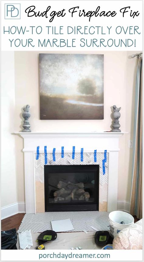 Looking for a budget friendly way to update your fireplace surround? Here is an affordable DIY update tiling directly over the marble surround for a whole new look. #tilefireplace #fireplaceideas #fireplacebeforeafter #tileovermarblefireplace #fireplacemakeover #porchdaydreamer Fireplace Revamp, Cheese Fountain, Porch Daydreamer, Marble Mantle, Lounge Makeover, Marble Herringbone Tile, Fireplace Makeovers, Painting Marble, Marble Hearth