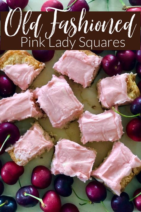 Pink Lady Dessert, Old Fashioned Squares, Funeral Squares Recipes, Dream Squares Recipe, Quick Squares Recipes, Pink Lady Squares, Quick And Easy Squares Recipes, Neopolitan Squares, Best Squares Recipes