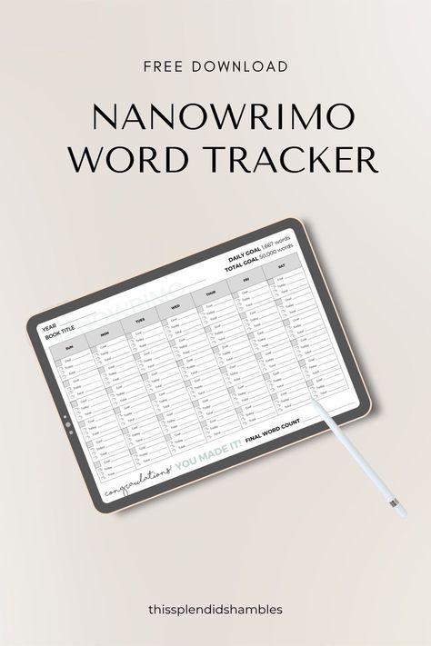 NaNoWriMo is upon us! The goal of National Novel Writing Month is to write 50,000 words in 30 days, as the start of your new novel. You need to be to keep a track of the words you’re writing. Download a free NaNoWriMo word count printable (or digital copy!) and start tracking your writing today. Click the link to head to This Splendid Shambles to grab yours! Nanowrimo Prep Worksheets, Nanowrimo Preptober, Preptober Nanowrimo, Nanowrimo Bullet Journal, Nanowrimo Inspiration, National Novel Writing Month, Daily Goals, Download Printables, Novel Writing