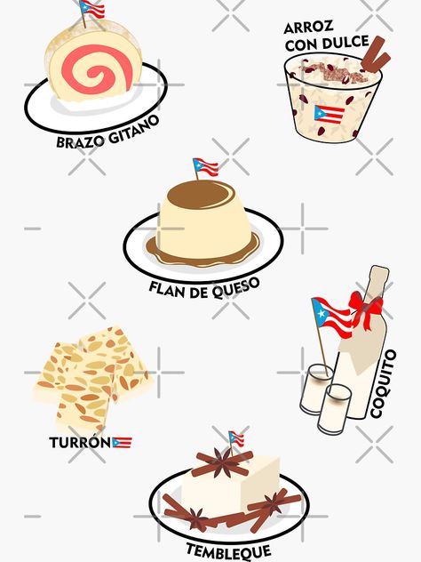 Puerto Rican Food Christmas Desserts Puerto Rico Postres Coquito Flan Stickers & More Puerto Rican Sweets, Puerto Rican Snacks, Coquito Flan, Flag Names, Puerto Rican Desserts, Puerto Rico Christmas, Christmas In Puerto Rico, Puerto Rican Christmas, Puerto Rican Food