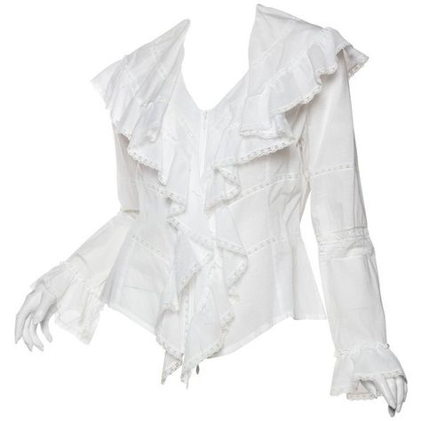 Preowned Anne Fontaine Victorian Ruffled Cotton Blouse ($650) ❤ liked on Polyvore featuring tops, blouses, grey, frill top, flutter blouse, frilly blouse, ruffle blouse and anne fontaine blouses Frilly Clothes Aesthetic, White Victorian Blouse, White Blouse Png, Victorian Blouse Outfit, Frilly White Blouse, Pngs Clothes, Flutter Blouse, Pirate Aesthetic, Frilly Shirt