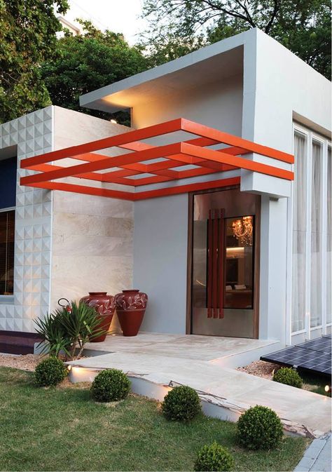 Entrance Window Canopy, Mid Century Exterior, Small Garden Landscape, Steel Pergola, House Roof Design, Modern Pergola, Courtyard Design, Main Gate Design, Canopy Design