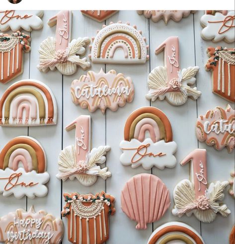 Boho Rainbow 1st Birthday Cookies, Boho Second Birthday Party, Boho Rainbow Themed 1st Birthday Party, Boho Themed Cake 1st Birthday Parties, Boho Cookies Birthday, Boho 1st Birthday Cookies, 1st Birthday Boho Rainbow Theme, Boho Rainbow Cake Ideas, Boho First Birthday Cookies