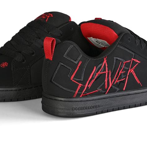 * The DC Shoes Court Graffik is by far their most well-known shoe   * Part of the DC x Slayer collaboration   * An all-black base, with red Slayer details placed all over   * With a heritage that goes back over a decade, the Court Graffik represents DC's definitive style, even today   * Based on a classic court shoe with extra padding in the tongue and collar, with a large DC logo on the heel quarter, the Court Graffik is both classic and bold and remains a staple favourite with DC fans   * Foam Red Dc Shoes, Tenis Dc, Dc Court Graffik, Red Dc, Dc Logo, Camilo Madrigal, Fire Fits, Fit Ideas, Black Sabbath