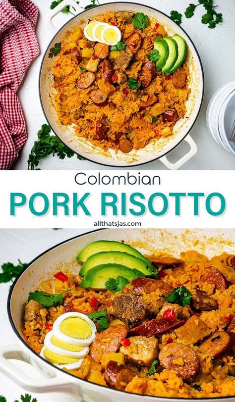 This traditional Colombian risotto with pork and sausage is packed with amazing flavors and typically served for special occasions, but you will love its creamy texture with a spicy kick any day. | allthatsjas.com | #risotto #colombian #pork #sausage #spicy #stovetop #onepan #chorizo #hogao #allthatsjas #potato #recipes #easy #rice Columbian Rice, Sausage Risotto, Columbian Recipes, Rice Pork, Colombian Dishes, Easy Chicken And Rice, Easy Rice, Creamy Rice, Risotto Recipe