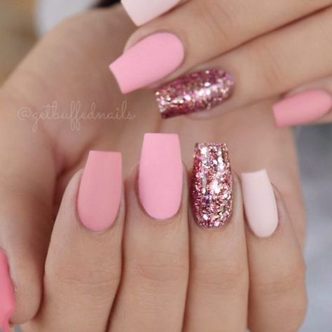 Sweet Pink Coffin Nails With Glitter Accents #pinknails #mattenails Short Coffin Nails Designs, Matte Pink Nails, Cute Pink Nails, Nails With Glitter, Pink Glitter Nails, New Nail Designs, Short Coffin Nails, Nail Designs Valentines, Colorful Nails