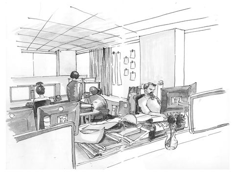 Gallery of 42 Sketches, Drawings and Diagrams of Desks and Architecture Workspaces - 23 Office Sketch, Perspective Practice, Perspective Drawing Architecture, Computer Desk Setup, Drawing Architecture, Mood Of The Day, 2nd Year, Office Desk Decor, Perspective Drawing