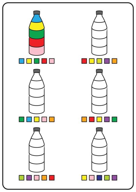 Instructional coloring pages, educational games for kids, preschool activities, printable worksheets. Simple cartoon vector illustration of colorful objects to learn colors. Coloring bottles. Color Games For Preschoolers, Educational Games For Children, Learning Colors Activities, Kids Colouring Printables, Colorful Objects, Peraturan Kelas, Coloring Games For Kids, Preschool Activities Printable, Visual Perception Activities