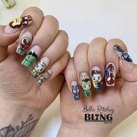 Marvel Themed Nails, Marvel Acrylic Nails, Marvel Inspired Nails, Marvel Nails Designs, Avengers Nail Art, Marvel Nail Art, Easy Easter Nails, Superhero Nails, Avengers Nails