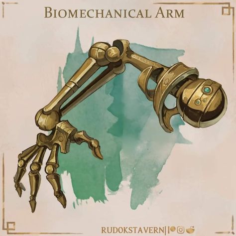 Mechanical Fantasy Art, Dnd Artificer Items, Steampunk Prosthetic Arm, Artificer Tools, Dnd Prosthetic Arm, Steampunk Prosthetic, Steampunk Artifacts, Dnd Backpack, Steampunk Magic