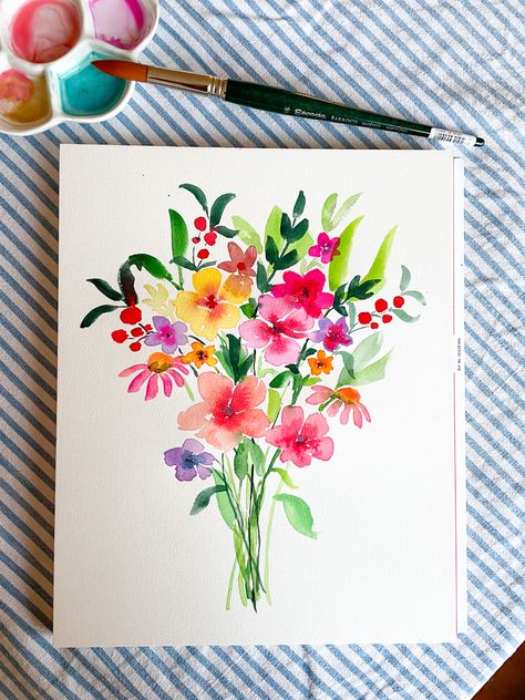 Aquarelle Painting Easy, Watercolour Flowers Simple, Aquarelle Aesthetic, Aquarelle Ideas, Watercolor Flower Bouquet, Flower Bouquet Painting, Bouquet Watercolor, Food Art Painting, Aquarelle Painting