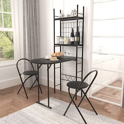 Amazon.com - FUSLITE 3 PCS Small Folding Table and Chairs, Space Saving, Metal Foldable Desk Set, with Large Shelf for Storage, Small Dining Table for 2, for Small Spaces, for Work, Study, Dining, Kitchen (Black) - Table & Chair Sets Small Folding Table, Folding Table And Chairs, Dining Table For 2, Folding Kitchen Table, Small Dining Table Set, Small Kitchen Table Sets, Table For 2, Round Bar Stools, Kitchen Table Set