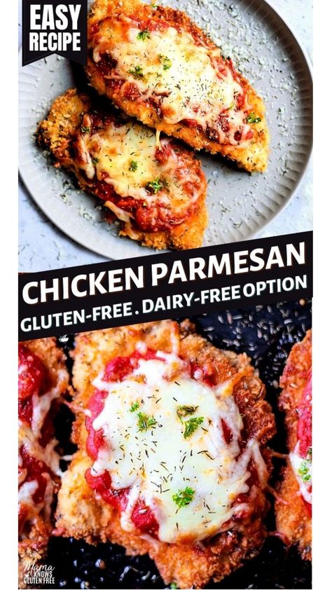 An easy recipe for gluten-free chicken parmesan. This crispy and juicy chicken recipe is a quick weeknight meal for the whole family! Gluten Free Dairy Free Chicken Parmesan, Gluten Free Chicken Parmesan, Pillsbury Gluten Free, Chicken Parmesan Recipe Easy, Gf Dinner, Gluten Free Panko, Gluten Free Chicken Recipes, Chicken Parmigiana, Parmesan Recipes