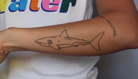 Red Shark Tattoo, Galapagos Shark Tattoo, Simple Shark Tattoos For Women, Shark Tattoo On Arm, Shark Forearm Tattoo, Shark Fine Line Tattoo, Shark Arm Tattoo, Shark Rib Tattoo, Shark Tattoo Arm