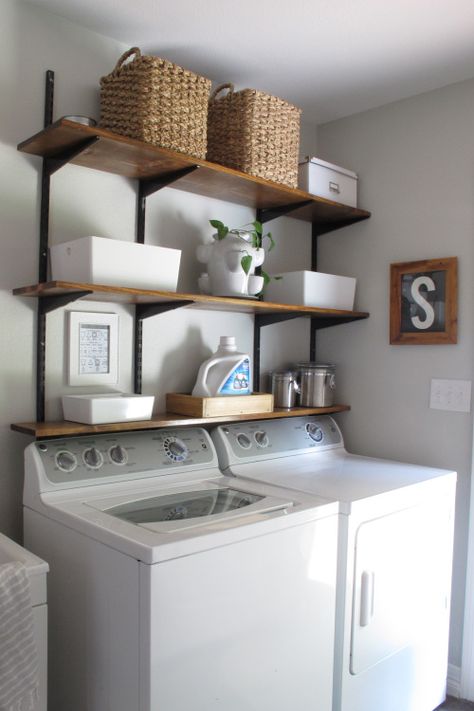 Organized Laundry Room Ideas, Laundry Basket Shelves, Laundry Designs, Track Shelving, Organized Laundry Room, Organized Laundry, Laundry Shelves, Small Laundry Room Makeover, Basement Laundry Room