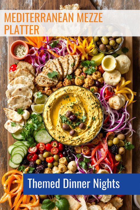 Delight in a variety of flavors with our Mediterranean Mezze Platter from the Themed Dinner Nights collection. This easy party platter features Greek-inspired appetizers like hummus, olives, cheeses, and breads. As one of the best healthy dinner ideas, it's perfect for sharing and creates a relaxed, communal dining experience. Remember, the key to a great Mezze Platter is variety, making it a wonderful addition to your themed dinner nights! Mezze Board Ideas, Medditeranean Dinner Party, Mediterranean Platter Ideas, Mediterranean Food Party, Greek Themed Party Food, Greek Appetizer Platter, Mediterranean Mezze Platter, Greek Mezze Platter, Mezze Platter Ideas