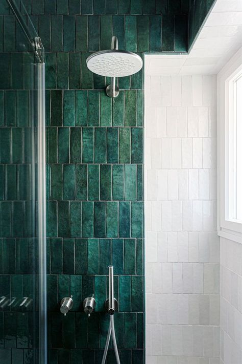 Green Shower Tile, Dark Green Tile, Architecture Apartment, Dark Green Bathrooms, Tiled Bathroom, Green Tile Bathroom, Teal Bathroom, Dark Bathrooms, Eclectic Bathroom