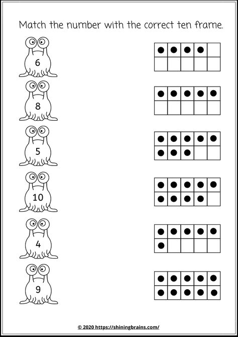 Tens Frame Kindergarten Free Printable, Ten Frame Worksheet, Number Matching Printable Free, Ten Frames Printable Free, Kindergarten Free Worksheets, Kindergarden Math, Ten Frames Kindergarten, Number Words Worksheets, Kindergarten Math Worksheets Addition