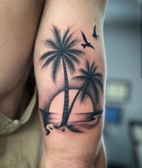 Beach Tattoo Ideas, Beachy Tattoos, Hawaii Tattoos, Palm Tattoos, Tattoos For Women Half Sleeve, Palm Tree Tattoo, Sand And Sea, Beach Tattoo, Pretty Tattoos For Women