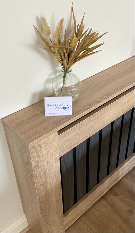 Oak & Black Bespoke Rad cover - Designed & Crafted by WhiteBox Interiors- Waterford Radiator Covers, Living Room Design Decor, Radiator Cover, Wood Slats, Design Decor, Living Room Designs, Hallway, House Ideas, Room Design