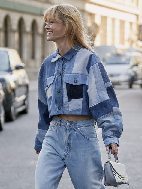 London Fashion Week’s Best Dressed #fashion #outfits #style #streetstyle #lfw #inspiration Ropa Upcycling, Patchwork Denim Jacket, Jeans Trend, London Fashion Weeks, Diy Vetement, Patchwork Denim, Double Denim, Denim Diy, Upcycled Fashion