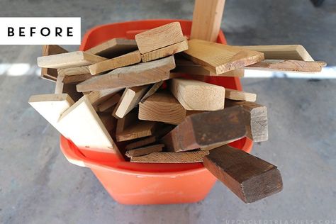 When it comes to our garage, the main source of clutter tends to be the insane amount of scrap wood that is piled up in bins.. and on the floor.  Well, or so it… Organize Scrap Wood, Scrap Wood Storage Ideas, Wood Storage Ideas, Scrap Wood Storage, Building Shelves, Diy Table Legs, Woodworking Tools Workshop, Affordable Storage, Storage Idea