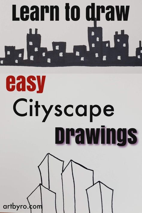 Lear to draw cityscapes and skylines. Easy step by step art tutorial with pictures. Perfect for Beginners. Learn art in your style. Buildings At Night Drawing, Watercolor Paintings Cityscapes, How To Draw City Background, Drawing Buildings Sketch Easy, How To Draw A City, How To Draw Buildings, City Drawing Easy, City Scape Drawing, Drawing Cityscapes