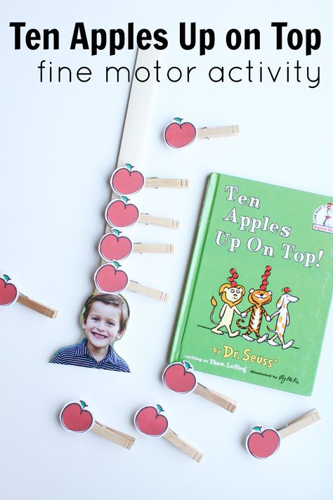 Super fun fine motor activity to go along with the book Ten Apples Up on Top by Dr. Seuss!  Adding a picture of each child at the bottom makes it even more awesome! 10 Apples Up On Top, Ten Apples Up On Top, Dr Seuss Preschool, Dr Seuss Activities, Dr Seuss Crafts, Apple Preschool, Seuss Crafts, Dr Seuss Week, Fine Motor Activity