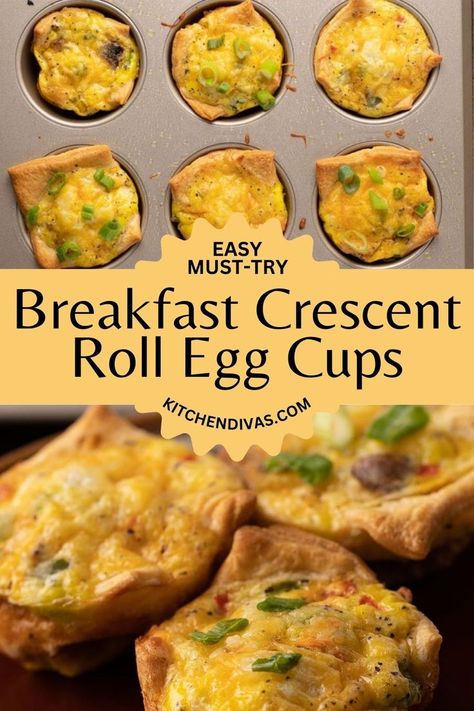 Collage of overhead shot of crescent roll egg cups at top and closeup shot of crescent roll breakfast egg cups at bottom. Egg And Cheese Cups, Cresent Roll Breakfast, Breakfast Crescent, Crescent Roll Breakfast, Easy Egg Breakfast, Recipes Using Crescent Rolls, Easy Crescent Rolls, Crescent Breakfast, Crescent Roll Breakfast Recipes