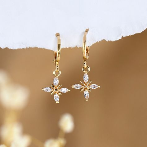 Floral CZ Hoops, Dainty Starburst Diamond Drop Huggies, Huggie Hoops Earrings with Charm, Simple Bridal Jewelry Gift, Tiny Gold Dangle Hoops………………………………….✨These earrings feature a charm of your choice hanging from a dainty 18k Gold Plated huggie hoop. These hoops are sol Simple Bridal Jewelry, Gold Earrings Indian, Dress Indian, Hoops Earrings, Fame Dr, Ear Rings, Diamond Drops, Hamsa Hand, Girly Jewelry