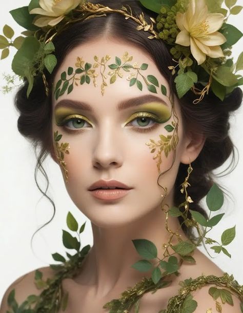 Halloween Make up Ideen Vine Makeup Look, Woodland Huntress Makeup, Green Leaf Makeup, Mother Nature Makeup Looks, Halloween Flower Costume, Forest Fairy Face Paint, Garden Fairy Makeup Ideas, Woodsy Makeup, Mother Earth Costume