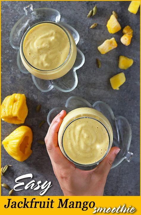 Check out the recipe for this gloriously thick and delicious Jackfruit Mango Smoothie is spiked with a hint of vanilla and cardamom & a video on how to cut jackfruit > https://savoryspin.com/jackfruit-smoothie/  #jackfruit #howtocutjackfruit #whatdoesjackfruittastelike Jackfruit Dessert Recipes, Jackfruit Smoothie, Ripe Jackfruit, Cardamom Recipe, Mango Smoothie Recipe, Banana Apple Smoothie, Jack Fruit, Mango Smoothie Recipes, Fruit Juice Recipes