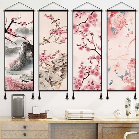 japanese scroll poster idea Scroll Painting Wall Hangings, Japanese Scroll Art Wall Hangings, Cherry Blossom Decor Bedroom, Japanese Cherry Blossom Decor, Japanese Theme Bedroom, Japanese Aesthetic Bedroom, Japan Bedroom Aesthetic, Cherry Blossom Bedroom Ideas, Japanese Bedroom Traditional