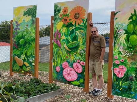 community garden | The Batavian Community Park Design, Frontyard Landscape Layout, Frontyard Landscape, Little Free Pantry, Tools Tattoo, Aesthetic Gardening, Gardener Aesthetic, Design Garden Ideas, Landscape Layout