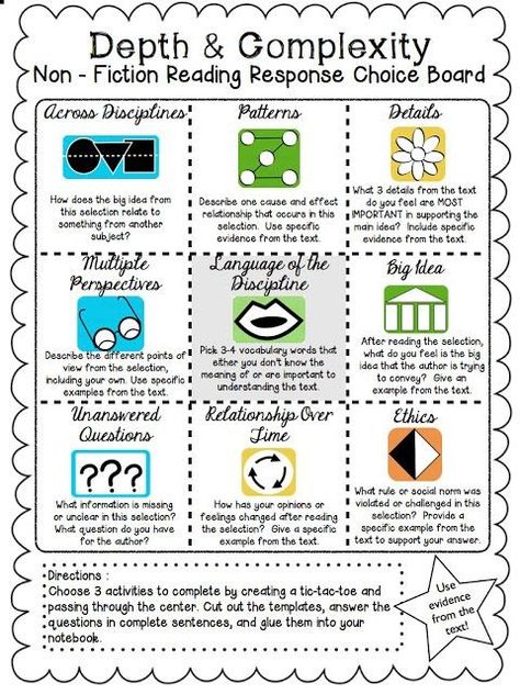 Depth And Complexity, Choice Board, Choice Boards, Middle School Reading, Nonfiction Reading, 4th Grade Reading, Teaching Language Arts, 3rd Grade Reading, Teaching Ela